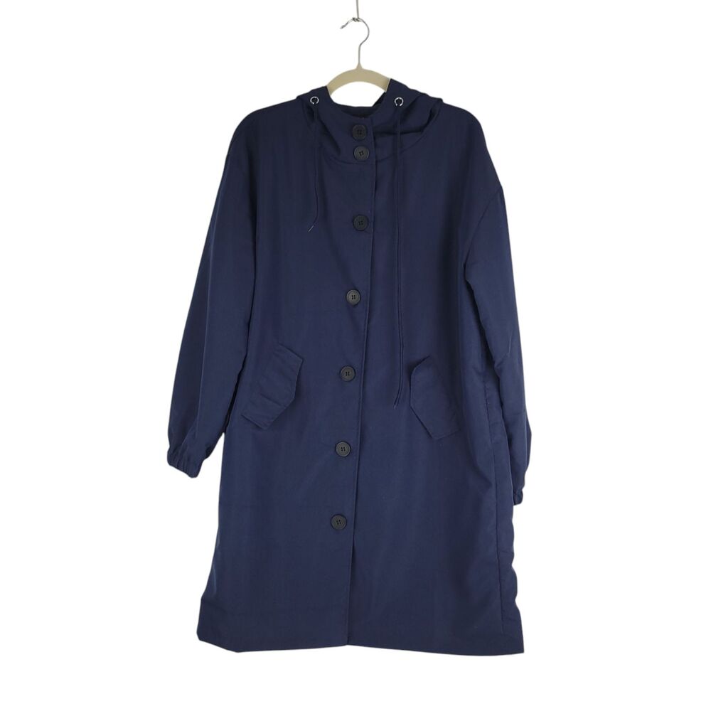 Paris Design Navy Jacket Coat Longline Trench Raincoat Hooded Lightweight Large